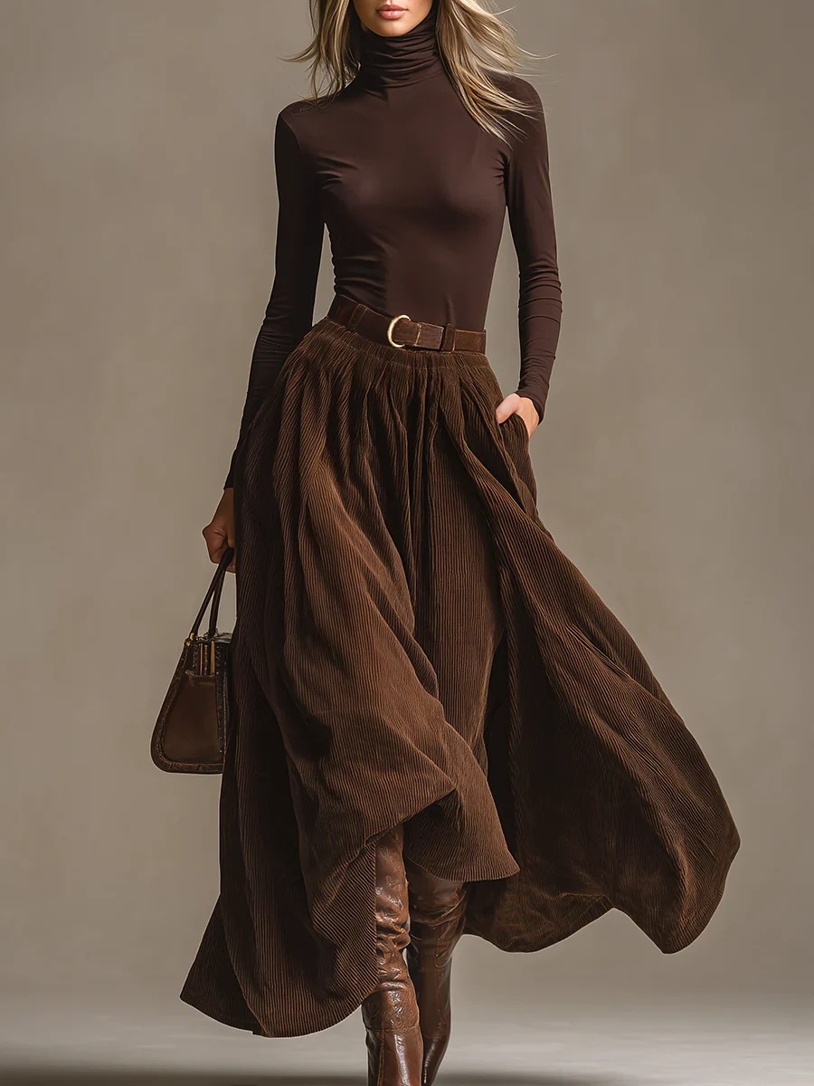 Vintage Fashion Retro Outfit - Retro Long Sleeve Corduroy Long Skirt