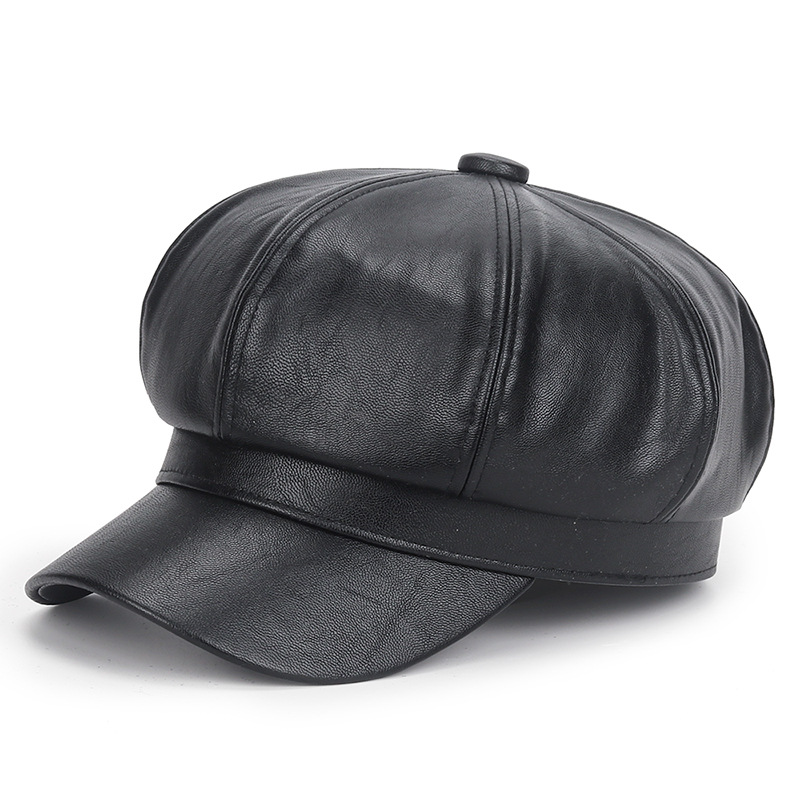 Vintage Fashion Hats - Winter Black PU Leather Hat for
