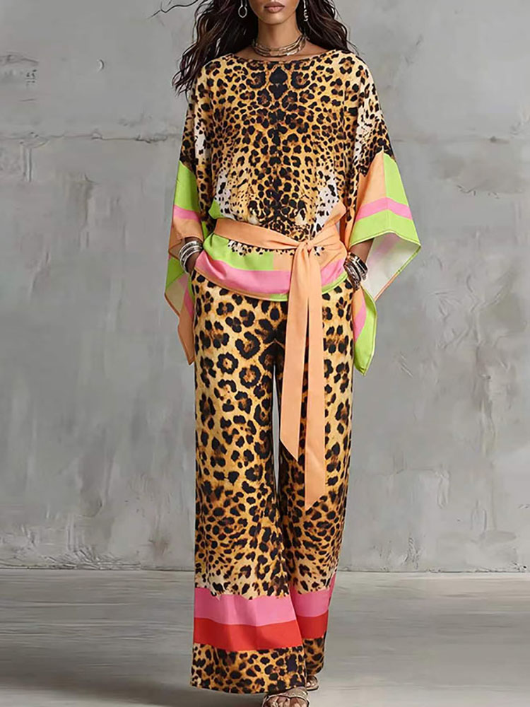 Vintage Fashion Retro Outfit - Retro Leopard Print Loose Summer Suit