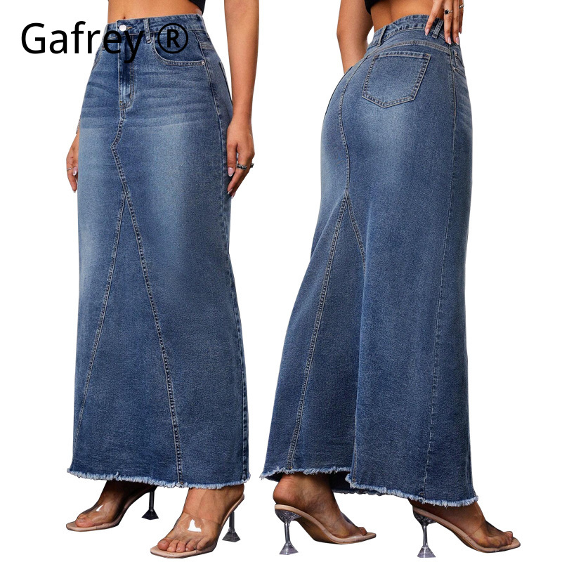 Women Denim Midi Skirt High Wa - Vintage Fashion Streetwear review and price