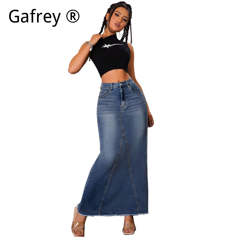 Women Denim Midi Skirt High Wa - Vintage Fashion Streetwear review and price